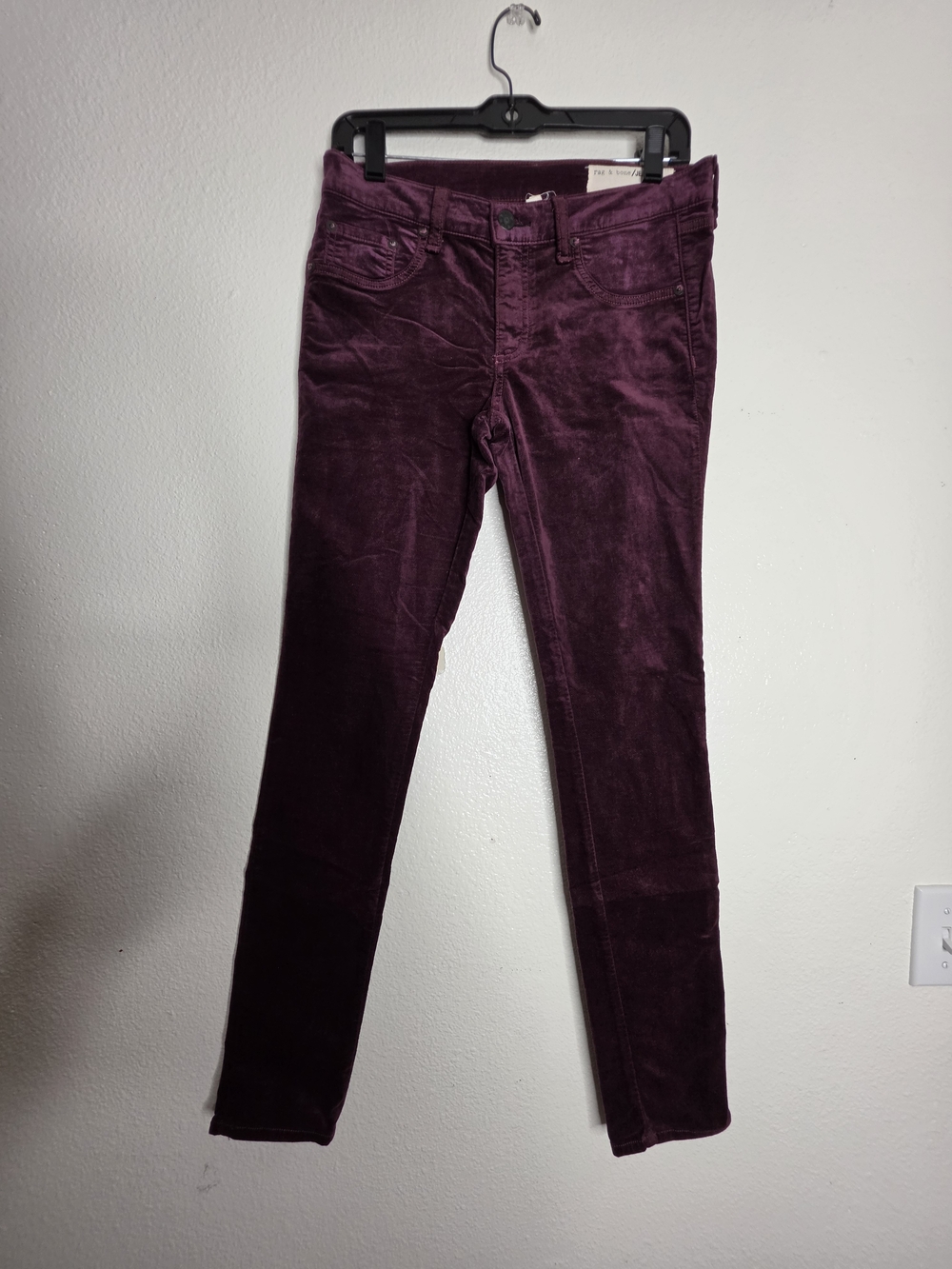 rag & bone/JEAN Burgundy Velvet Skinny Jeans Slim Mid Rise Stretch Sz 28